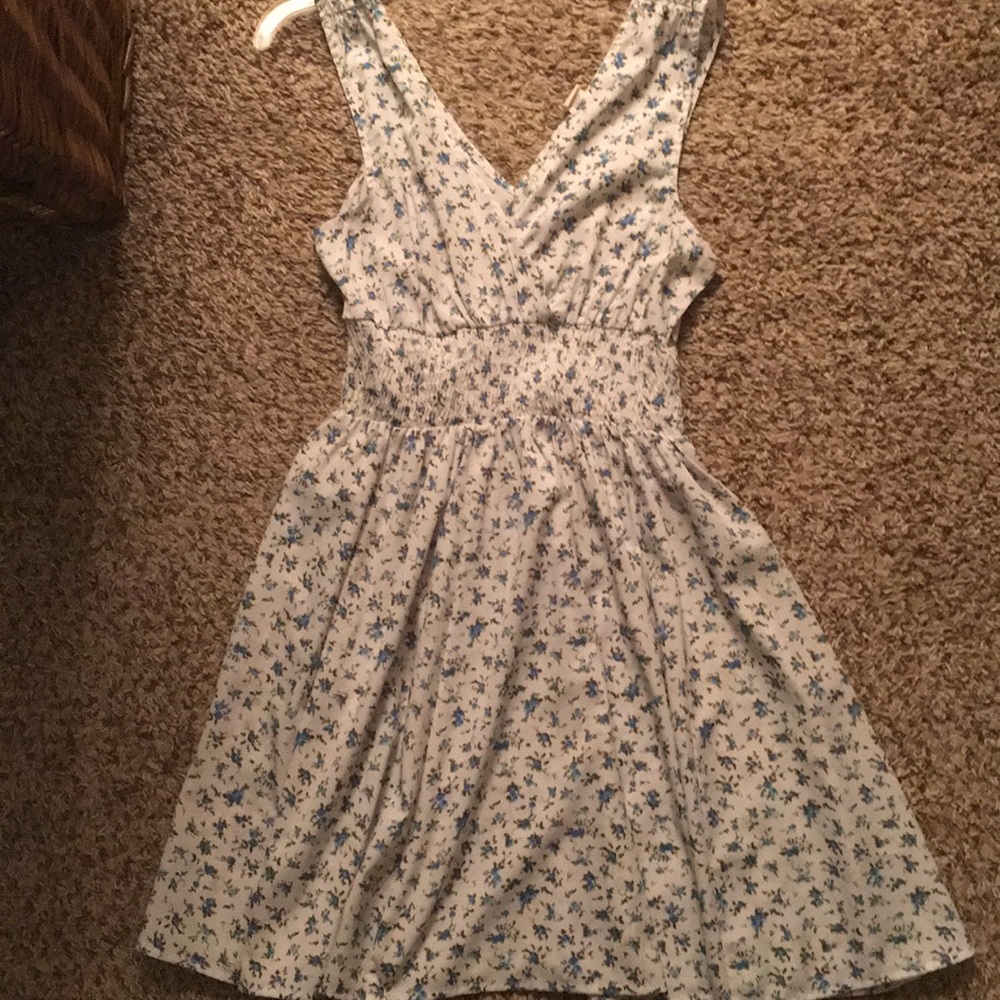 White A-alone Dress; Small Blue Flowers